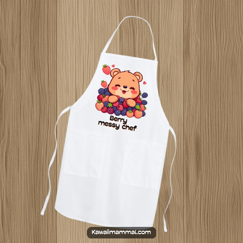 Funny apron showcasing a gleeful bear character ready to cook, surrounded by a bounty of fresh, colorful berries.