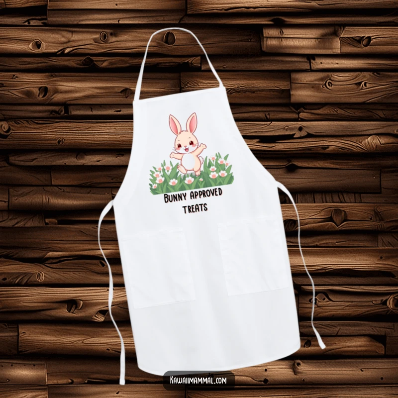 Funny apron featuring a cute, lively bunny hopping through clover, designed for chefs and home cooks who love a playful touch.