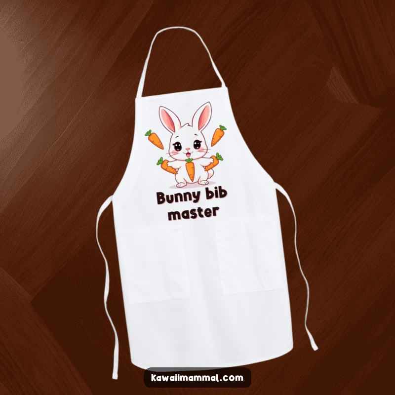 Funny apron featuring a Kawaii rabbit with wide eyes juggling three carrots, perfect for kitchen protection with a playful, acrobatic design.