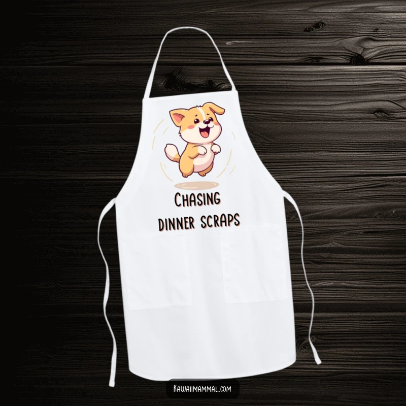 Funny apron featuring a Kawaii dog in a dizzying tail-chasing circle, perfect for kitchen protection with a playful, energetic design.
