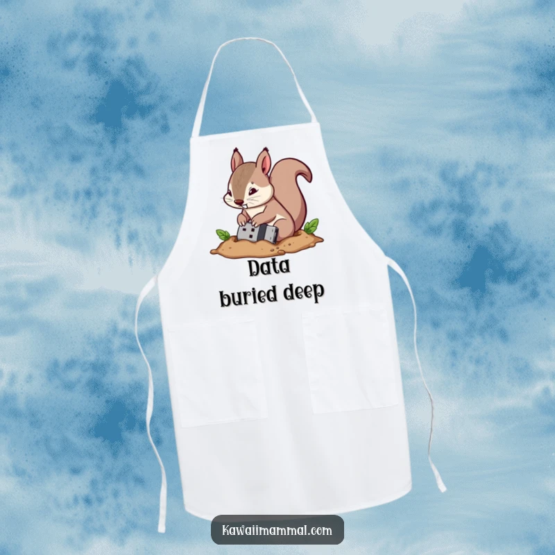 Funny apron with a determined squirrel character burying a USB drive, symbolizing secure storage for kitchen data.