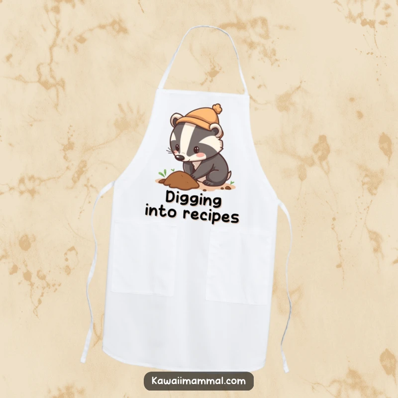 Funny apron showing a determined badger wearing a tiny hat digging with focus, ready to prepare delicious, funny meals with industrious spirit.