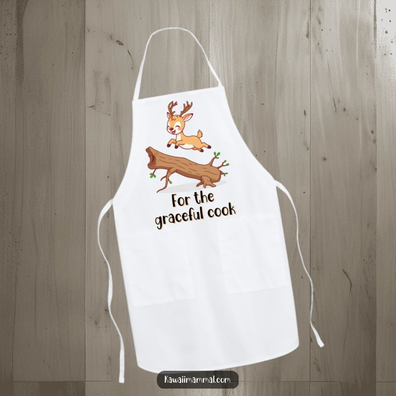 Funny deer character, gracefully jumping over a fallen branch, featured on a humorous and practical apron.