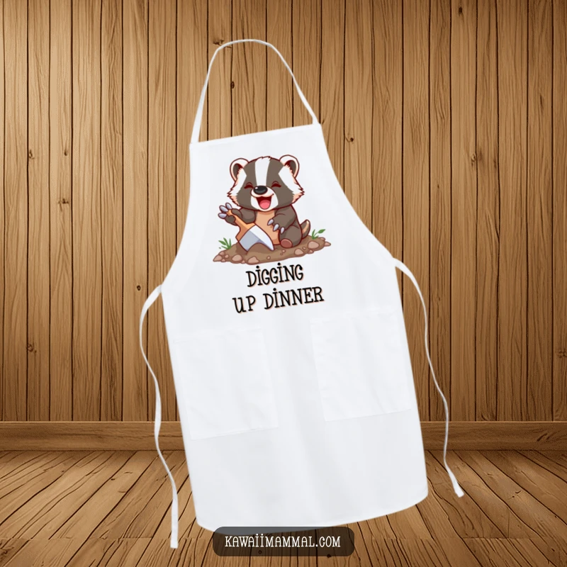 Funny Badger Apron with a delighted badger character happily digging with oversized claws, perfect for messy kitchen tasks and cookouts.