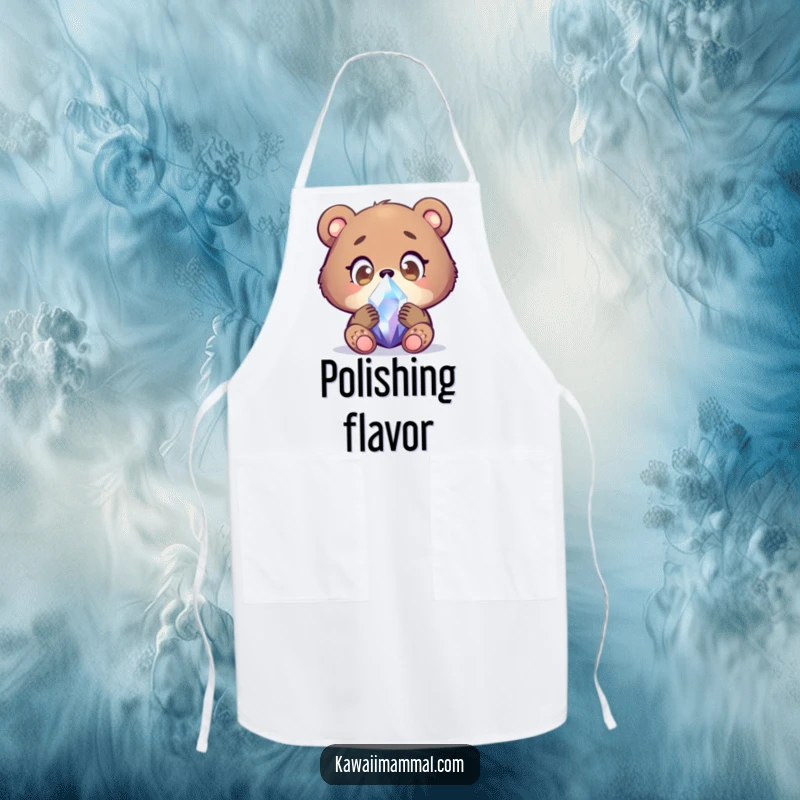 Funny bear cub apron showing a focused character examining a shimmering crystal with wide, wondering eyes, perfect for kitchen fun and protecting outfits.