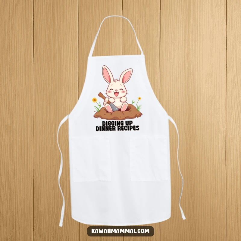 Funny bunny apron featuring a cheerful character enthusiastically digging a hole, perfect for adding humor to cooking.