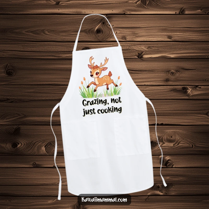 Funny Apron: A cheerful deer with graceful antlers leaps through tall grass, adding elegance to any kitchen task.