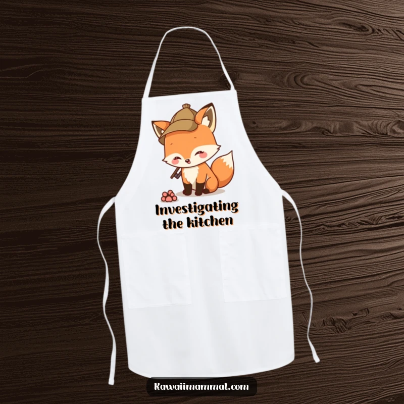 Funny fox character in a detective hat, sniffing a paw print on an apron, for a humorous cooking experience.