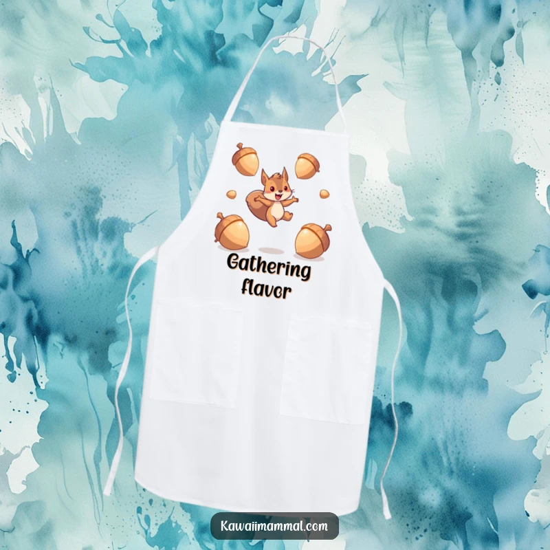 Funny squirrel apron showing an energetic character leaping between giant, sparkling acorns, perfect for kitchen fun and protecting outfits.