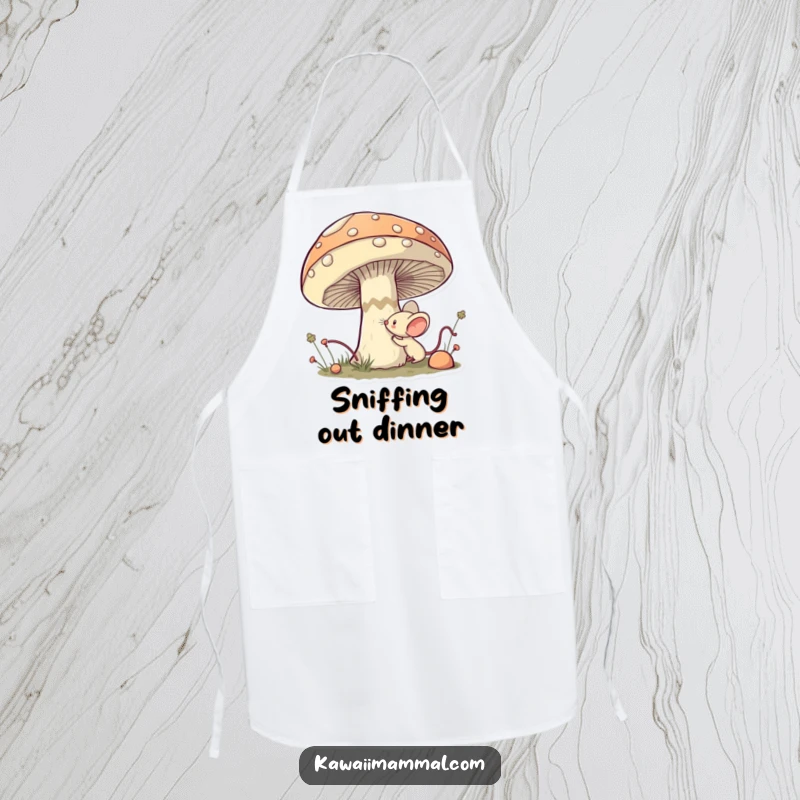 Funny Mouse Apron: Adorable kawaii mouse bravely sniffing a large mushroom, a humorous and practical kitchen accessory.