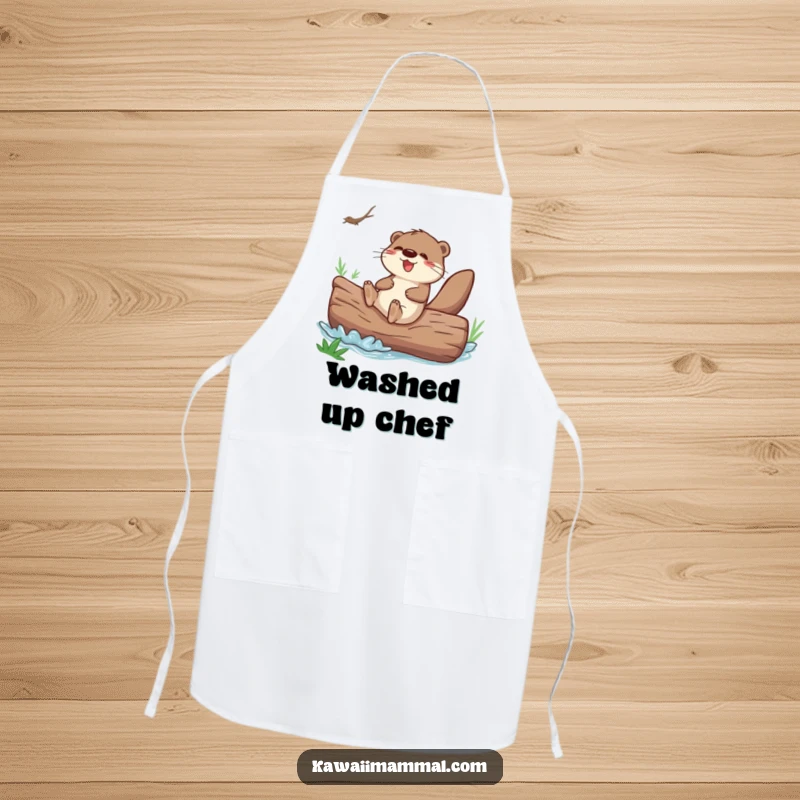 Funny otter character sliding down a giant river log on an apron, for a humorous cooking experience.