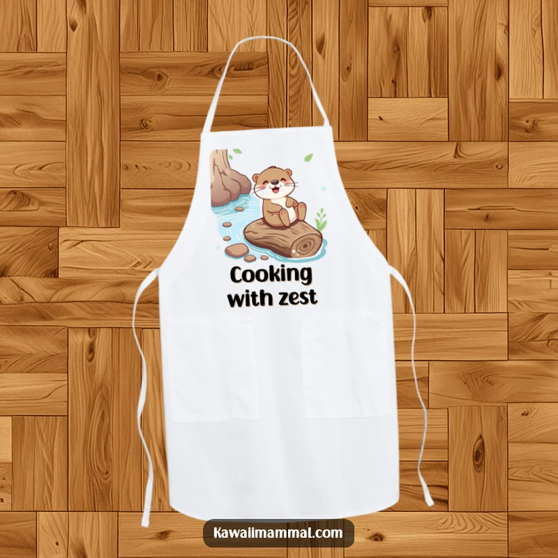 Funny apron with a playful otter sliding down a river log, perfect for adding fun to kitchen tasks.