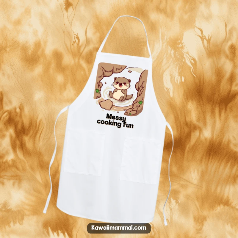 Funny apron showing a happy otter sliding down a muddy embankment, ready to prepare delicious, funny meals with aquatic flair.