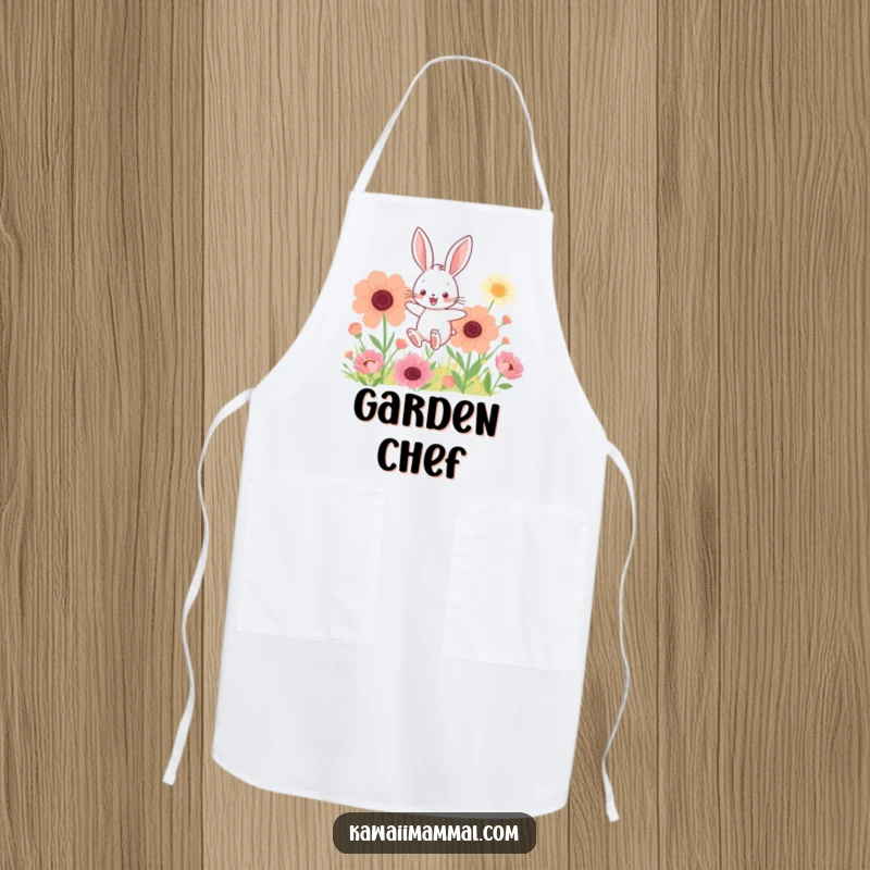 Funny apron featuring a kawaii bunny joyfully hopping through a field of giant flowers, perfect for garden-themed kitchen fun.