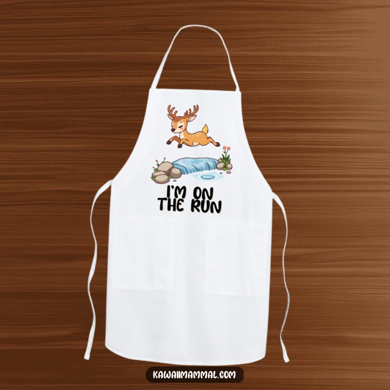 Funny determined deer apron, illustrating its determined leap over a sparkling stream, ready for kitchen fun and culinary triumphs.