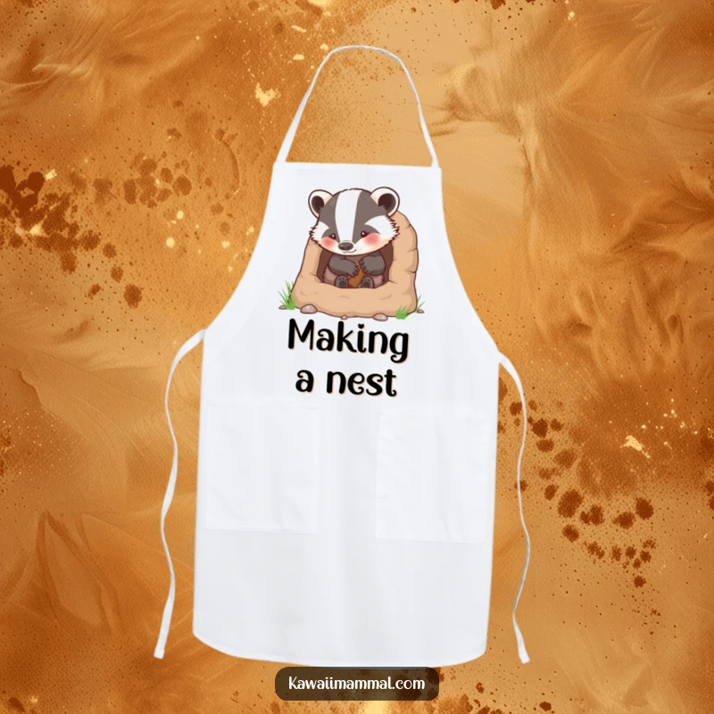 Funny cooking apron depicting a determined badger character focused on building a cozy and inviting burrow.