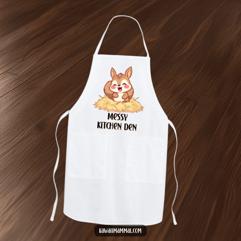 Funny apron showing a happy squirrel character gleefully burrowing through a pile of soft hay, ready for kitchen coziness.