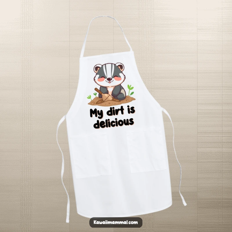 Funny apron showing a smiling badger digging enthusiastically, designed for kitchen fun and protecting clothes with humor.