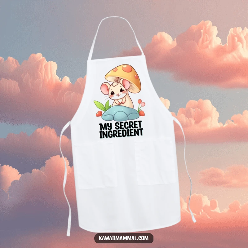 Funny apron with a giggling mouse peeking from behind a mushroom, providing kitchen protection with a humorous and adorable design.