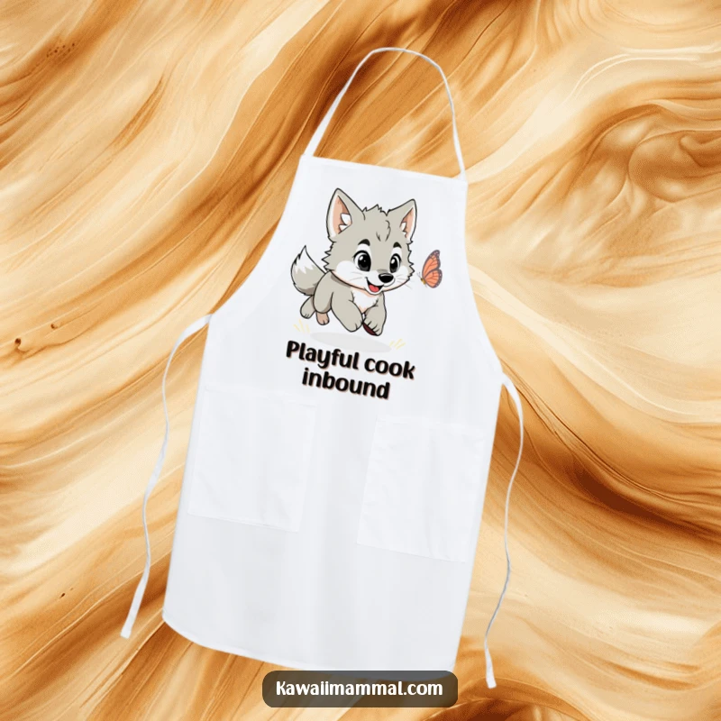 Funny cooking apron depicting an energetic wolf puppy playfully chasing a butterfly, ideal for kitchen fun.