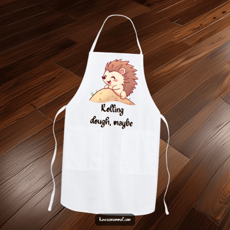 Funny Hedgehog Apron featuring a joyful character with quills out, hilariously attempting to roll down a hill while cooking up a storm.