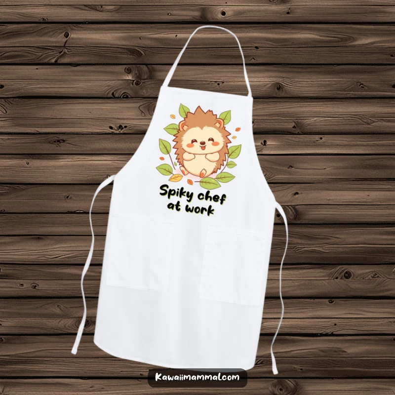 Funny Hedgehog Apron: Adorable kawaii hedgehog chef rolling playfully amidst leaves, a humorous and practical kitchen accessory.