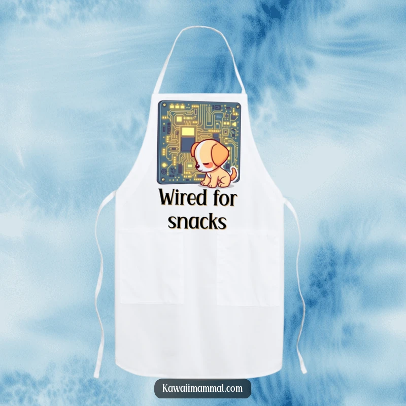 Funny apron with a focused puppy character sniffing a glowing computer circuit board, perfect for a tech-savvy cook.