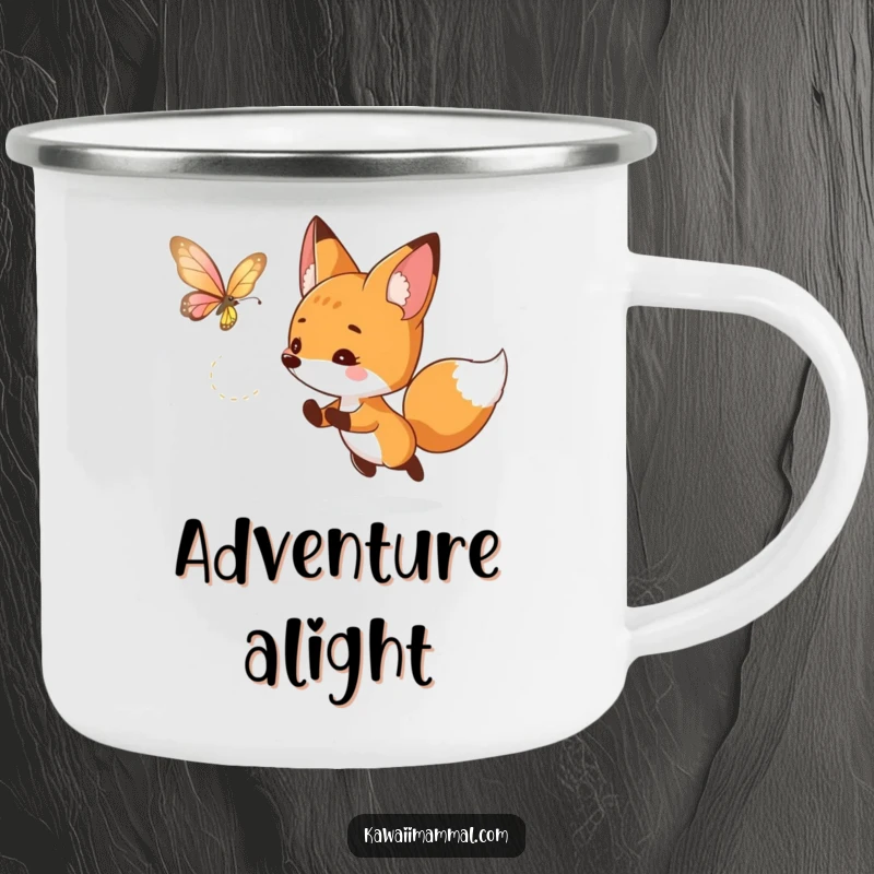 Funny fox camping mug with a curious character playfully chasing a luminous butterfly, perfect for enjoying drinks outdoors with a sense of adventure.
