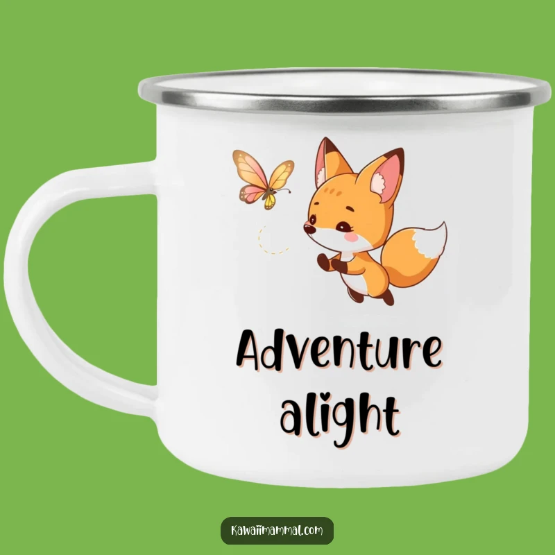 Funny Curious Fox Camping Mug: Butterfly Chase for Outdoor Explorers