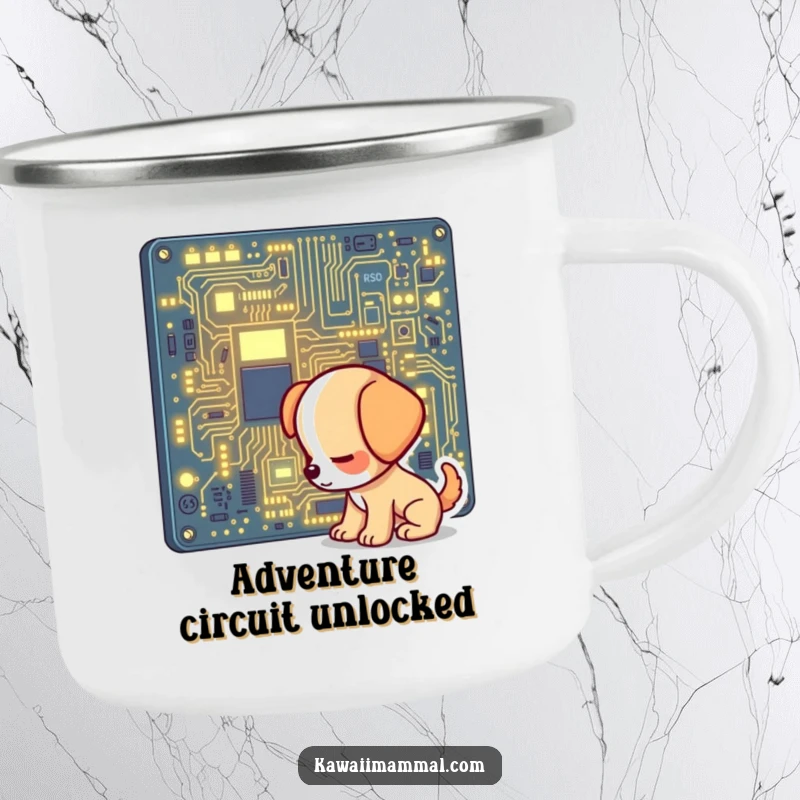 Funny camping mug showing a curious puppy character examining a luminous computer circuit board during an outdoor adventure.