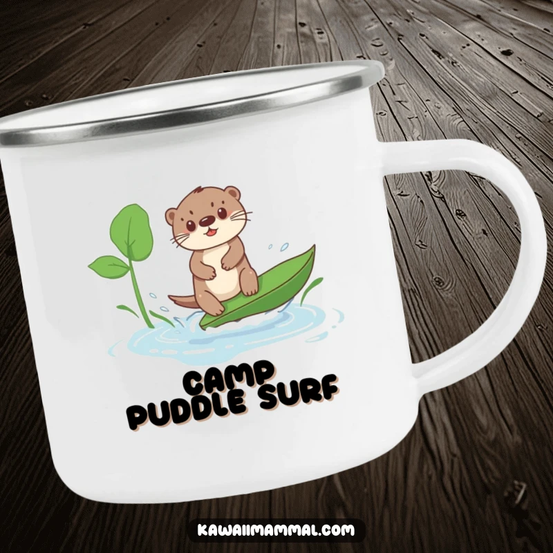 Funny Kawaii Otter Camping Mug: A cute otter confidently surfs a leaf in a puddle, ready for any outdoor excursion with funny flair.