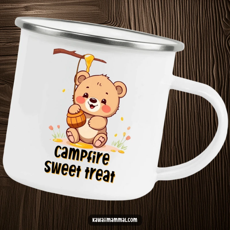 Funny, durable camping mug featuring a kawaii bear cub reaching for a honey pot, perfect for sweet outdoor enjoyment.