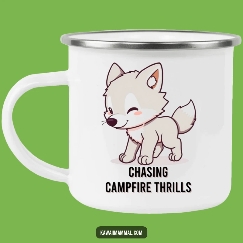 Funny Wolf Pup Camping Mug: Kawaii Pup Chasing Tail, Durable Outdoor Gift