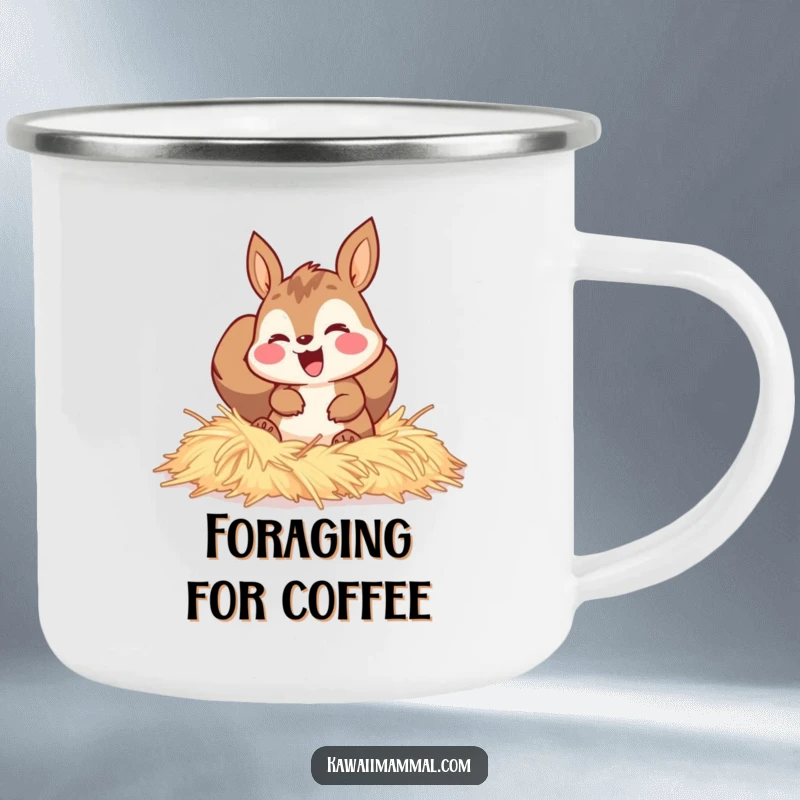 Funny camping mug showing a happy squirrel character gleefully burrowing through soft hay in an outdoor setting.