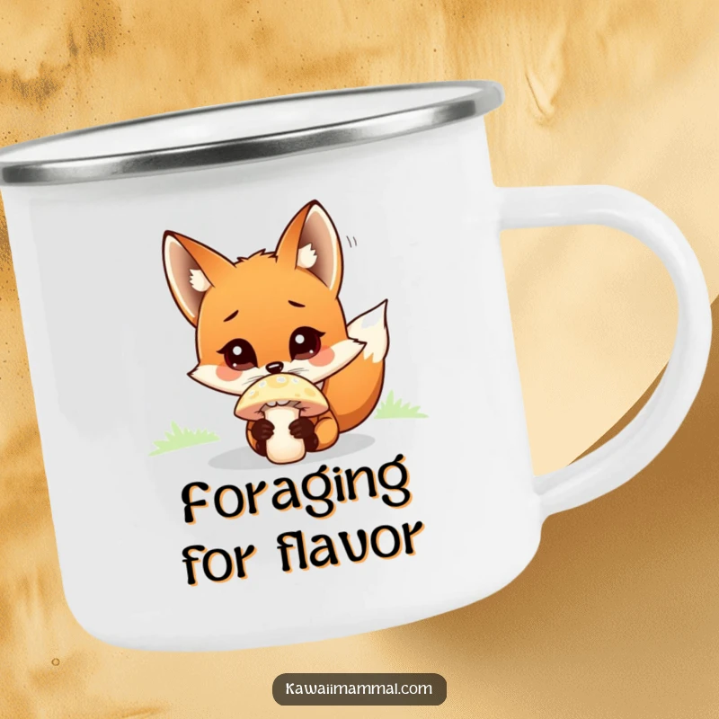 Funny fox character, curiously sniffing a mushroom, on a rugged and humorous camping mug.