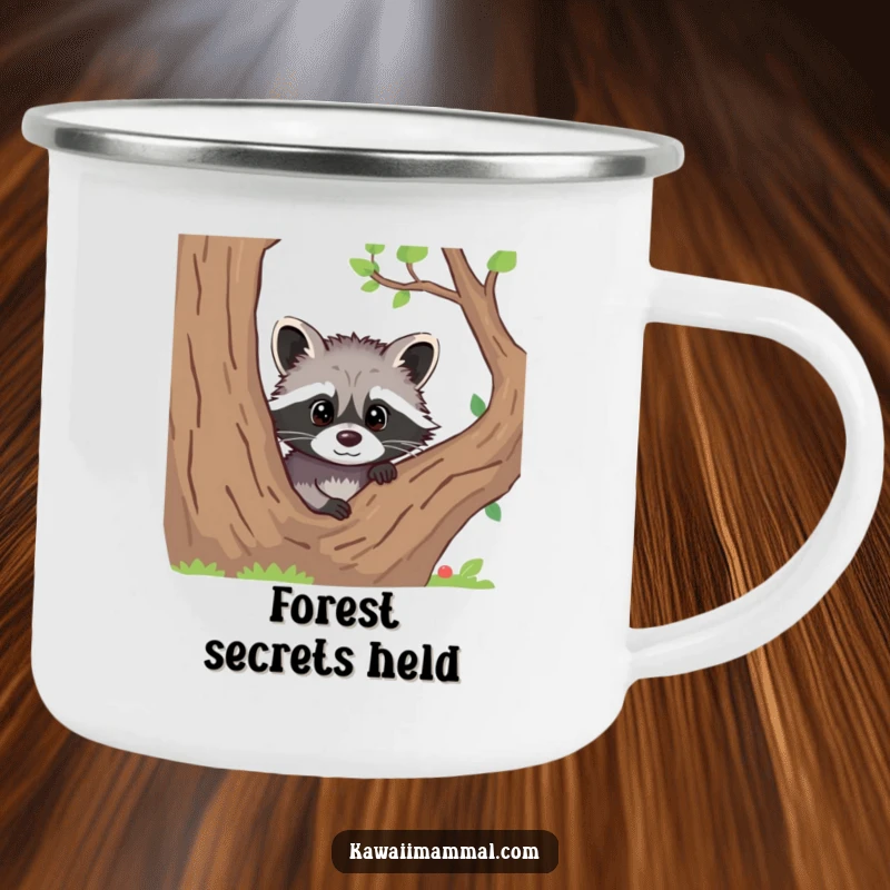 Funny enamel camping mug showing a curious raccoon peeking from behind a tree in a natural setting.