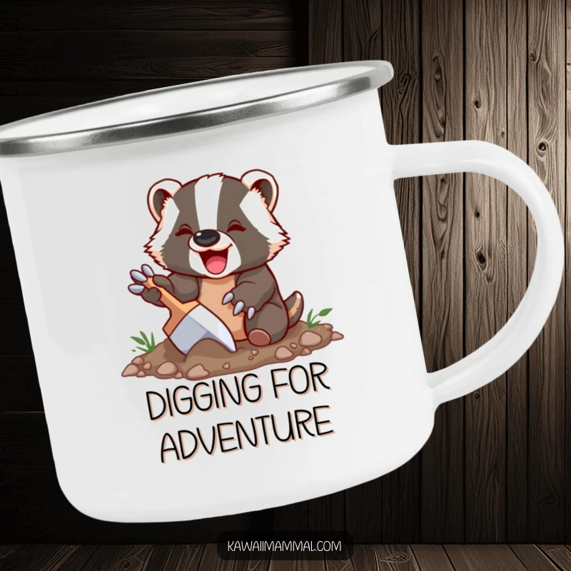 Funny Badger Camping Mug featuring a delighted badger character happily digging with oversized claws, a rugged and humorous companion for camping trips.