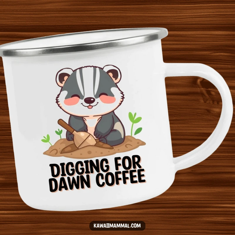 Funny camping mug featuring a smiling badger digging with gusto, designed for outdoor enthusiasts who love humor.