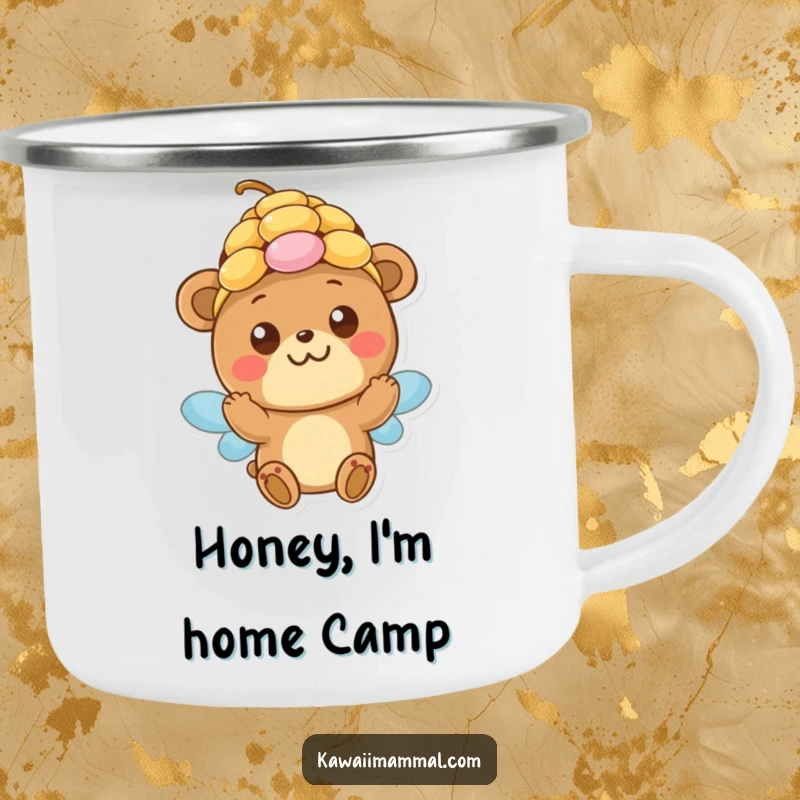 Funny Camping Mug: A happy bear with innocent eyes playfully tries on a beehive, ready for campfire stories and outdoor fun.