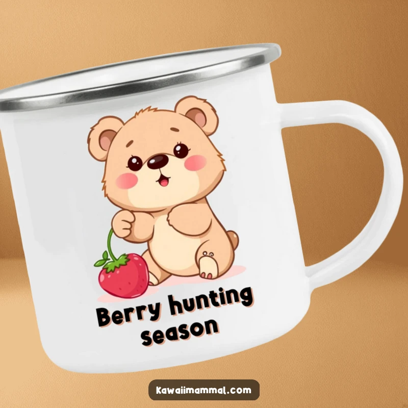 Funny Camping Mug showing a determined bear cub reaching for berries, ideal for outdoor sweetness and humor.