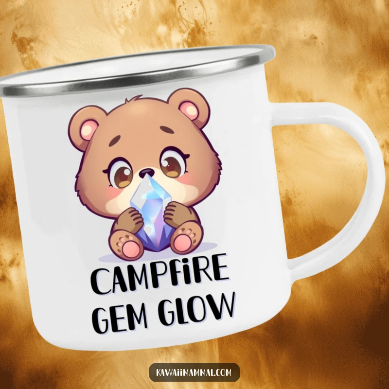 Funny bear cub camping mug with a focused character examining a shimmering crystal with wide, wondering eyes, perfect for enjoying drinks outdoors with wonder.