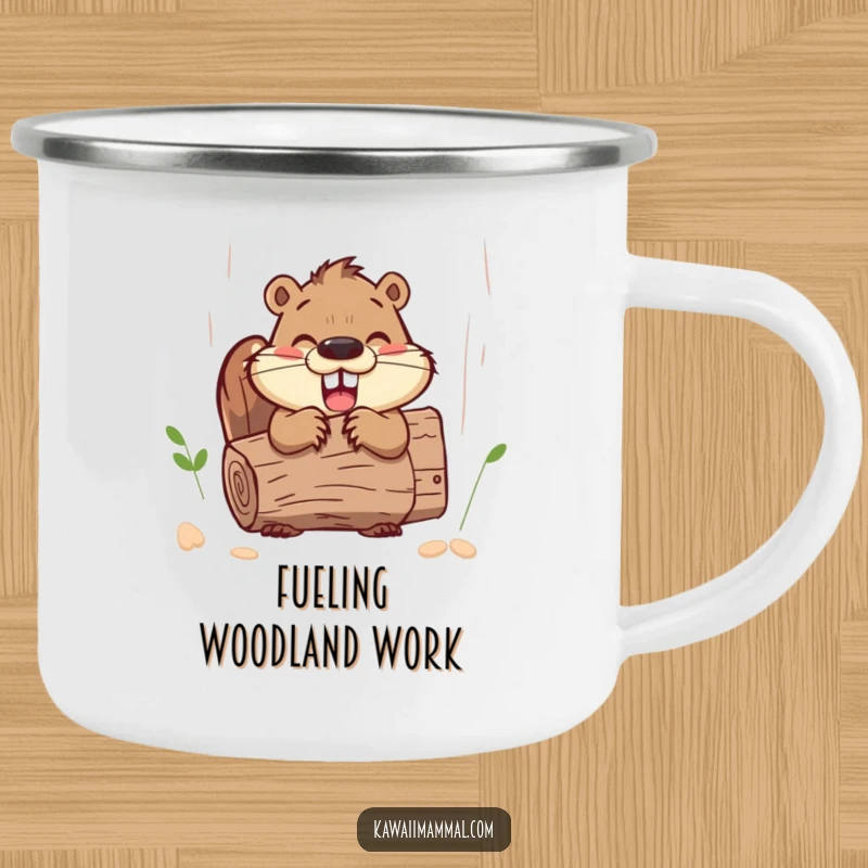 Funny beaver character, enthusiastically gnawing a log, on a rugged and humorous camping mug.