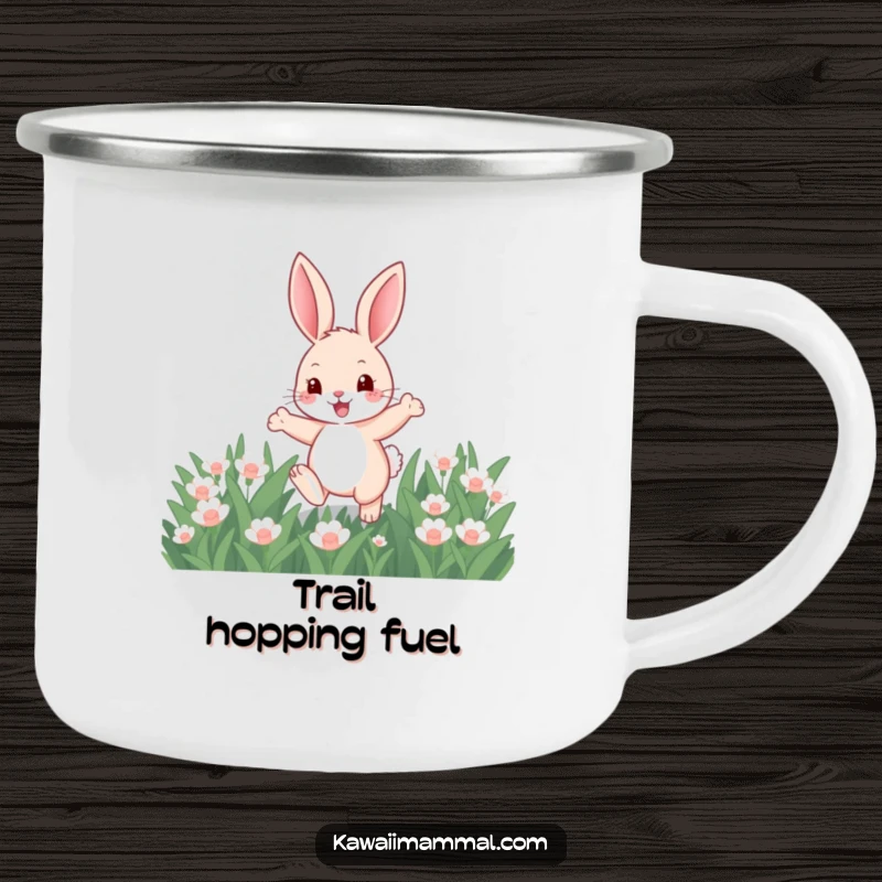 Funny camping mug showing a cute bunny hopping through clover, ready for outdoor adventures and morning coffee.