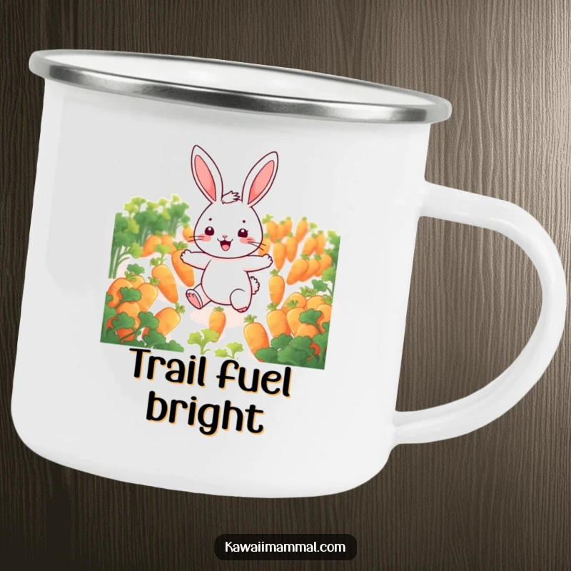 Funny rabbit camping mug with a cheerful character hopping through glowing carrots, perfect for enjoying beverages outdoors with a smile.