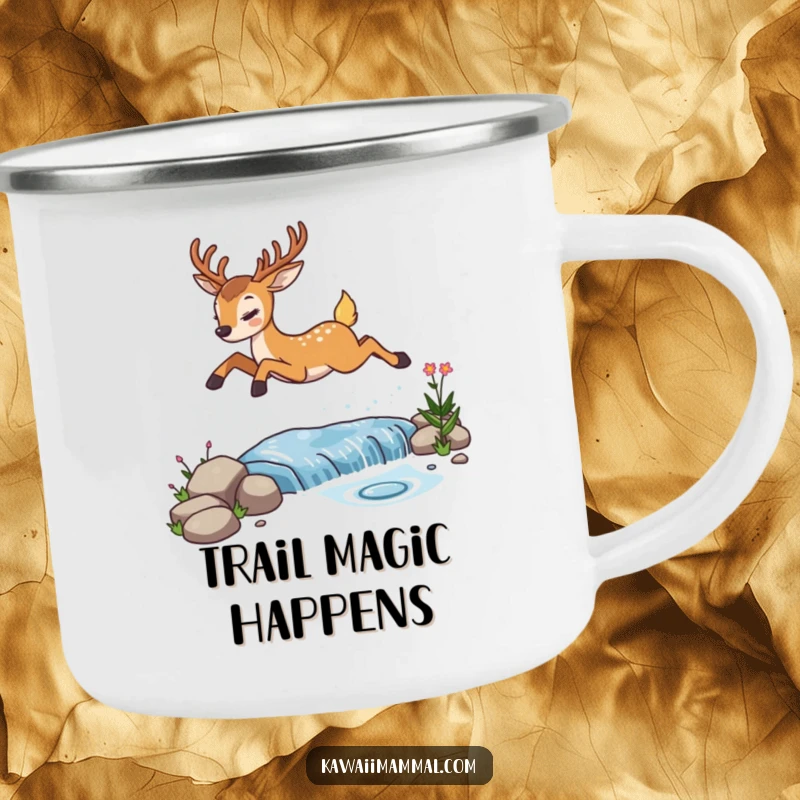 Funny determined deer camping mug, showing its energetic leap over a sparkling stream, great for outdoor enthusiasts.