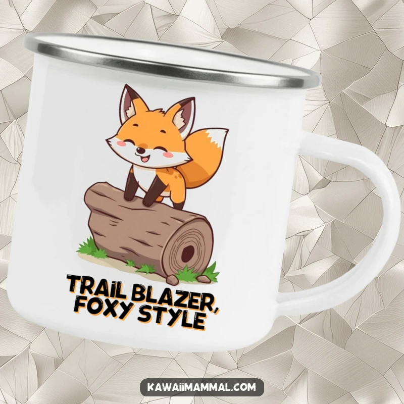 Funny fox camping mug showcasing a joyful character leaping over a log, built for rugged adventures and humor.