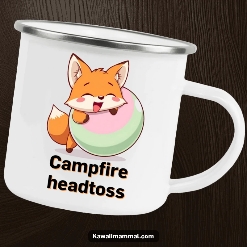 Funny camping mug showing a smiling fox character enthusiastically head-butting a large inflatable ball in an outdoor setting.