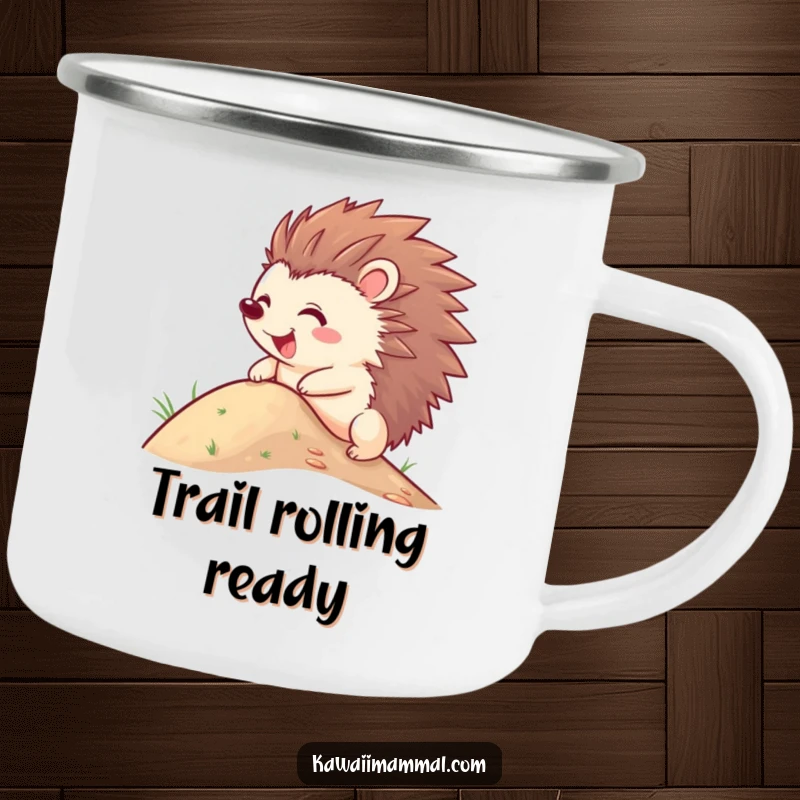 Funny Hedgehog Camping Mug: A joyful character with quills out, comically attempting to roll down a hill, ready for any adventure.
