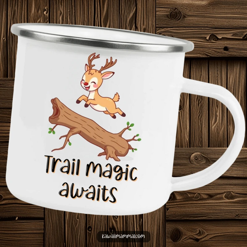 Funny deer character, gracefully leaping over a fallen branch, on a rugged and humorous camping mug.