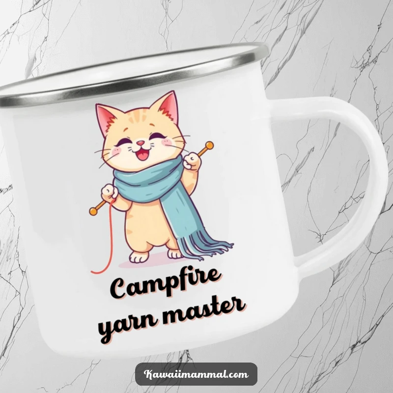 Funny camping mug featuring a Kawaii cat balancing on one paw while knitting a scarf, perfect for outdoor drinks and feline humor.